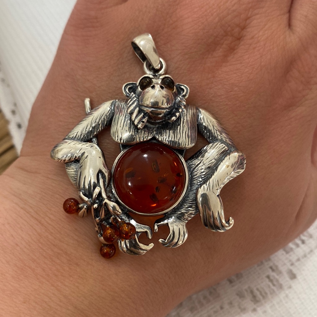 925 Baltic Amber Monkey Pendant